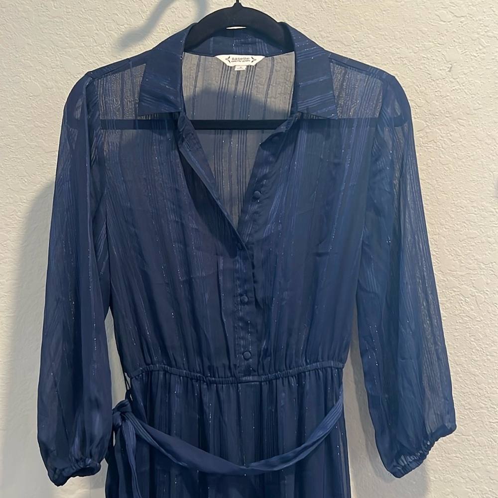 NANETTE LE PORE Navy Metallic Tiered Belted Sheer Long SLV Classic Shirtdress 6
